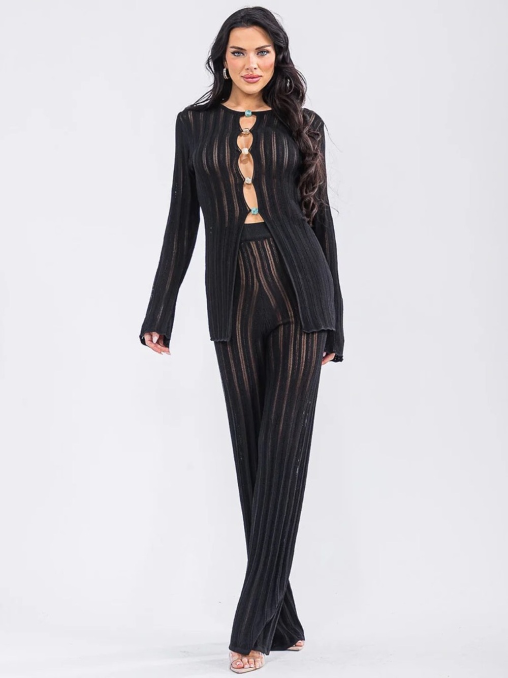 Sheer Ribbed Two-Piece Lounge Set - Black